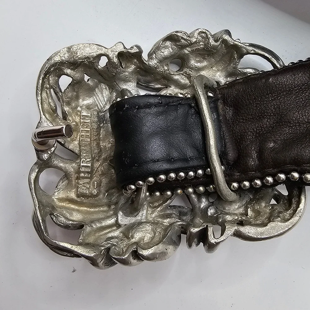 Vintage Fahrenheit NY Wide Black Leather Belt‎ Pewter Buckle 80s Wearable Art